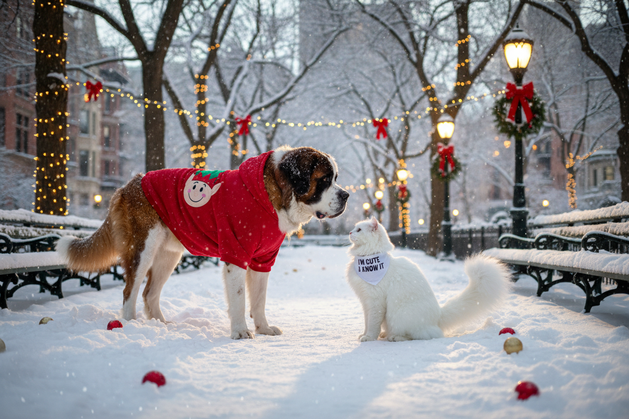 can you create me an image of a saint bernard wearing a red hoodie with an christmas elf on it and a turkish angora wearing a white bandana saying "I'M CUTE & I KNOW IT" looking at each other from a side to another in new york central park with a christmas theme without a tree and snow covered in 16:9 size make them closer to the top of the frame more than the bottom and not close to each other