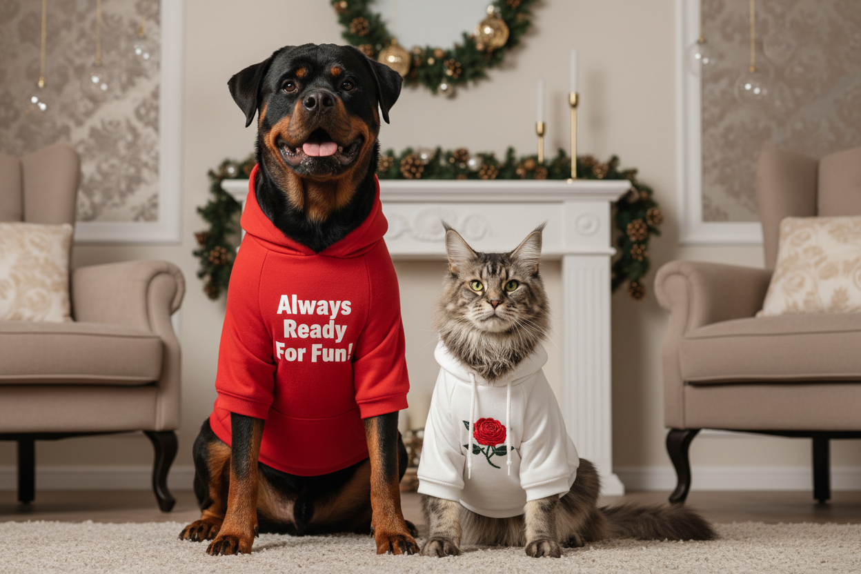 less christmas decorations and the dog's hoodie only red without the starps that adjust the cap and let's put a quote on the dog's hoodie saying Always Ready For Fun! Let's put a rose on the cat's hoodie